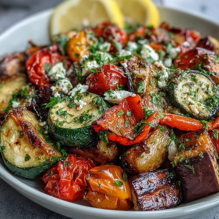 Roasted Mediterranean Greek vegetables plated as a main dish, topped with feta and parsley alongside warm pita bread.
