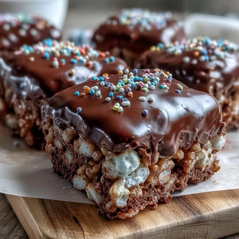 Overhead view of Chocolate Covered Rice Krispy Treats bars with a thick chocolate coating, cut into squares and ready to serve at a bake sale.