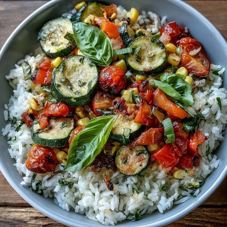 A vibrant Summer Vegetable Bowl with colorful vegetables over rice, finished with fresh basil and lemon.