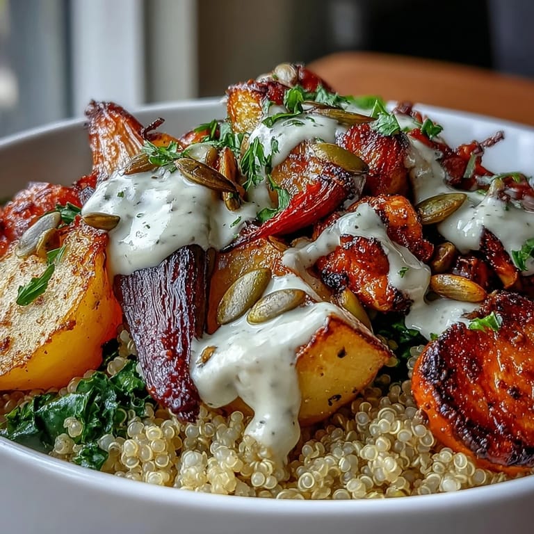 A wholesome vegetarian bowl of roasted root vegetables and quinoa, topped with bright parsley and toasted pumpkin seeds for a nourishing lunch.