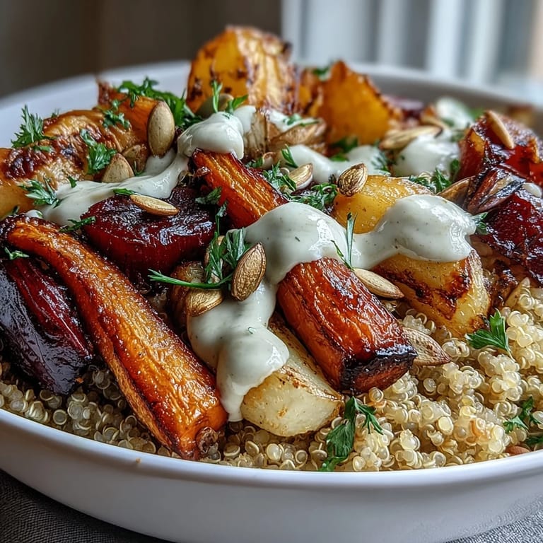 Savory Roasted Root Vegetable Bowl served hot, featuring tender root vegetables, fluffy quinoa, and a rich drizzle of tahini sauce for dinner.
