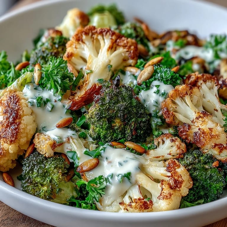 Roasted Brassica Bowl garnished with pumpkin seeds and parsley, drizzled with creamy tahini-lemon dressing.