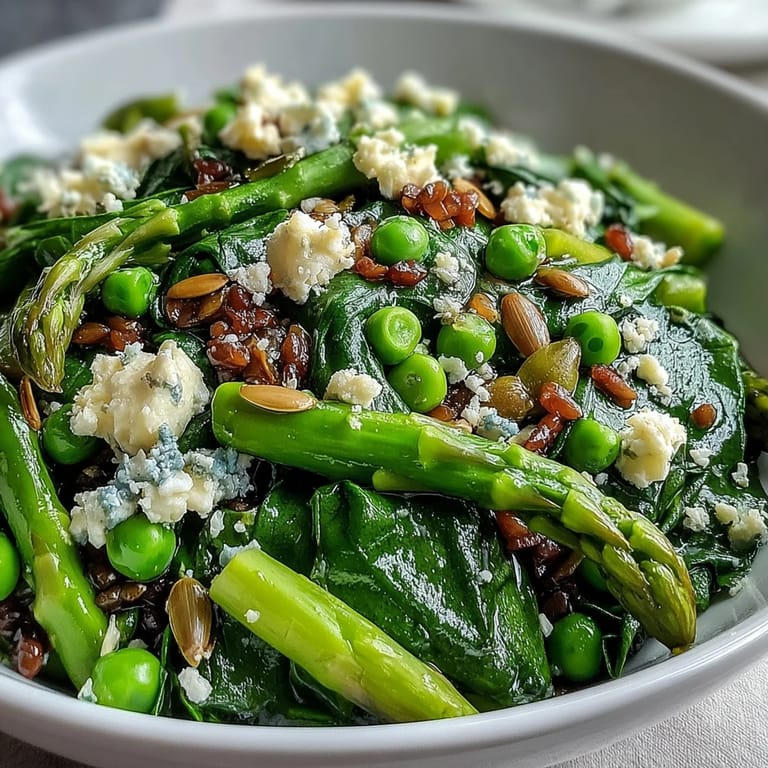 Vibrant Spring Green Bowl featuring tender peas, asparagus, and spinach over hearty grains, finished with zesty lemon dressing.