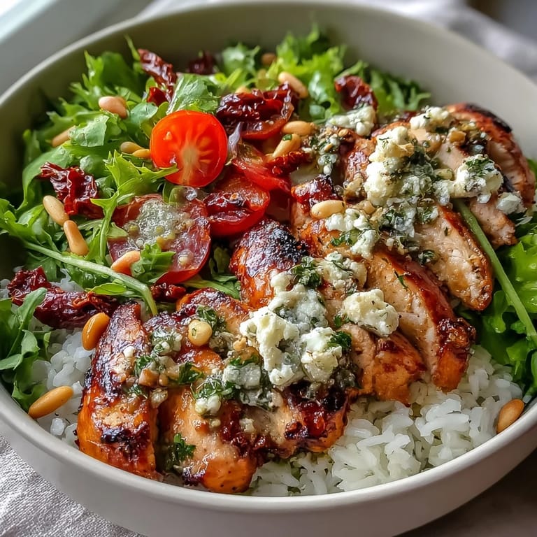Golden sliced chicken glazed with tomato oil sits atop fluffy rice, next to crisp arugula and halved cherry tomatoes.