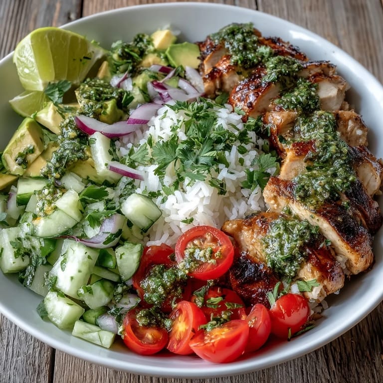 Bright green chimichurri sauce drizzled over the grilled chicken and fresh vegetables in a rustic ceramic serving bowl.