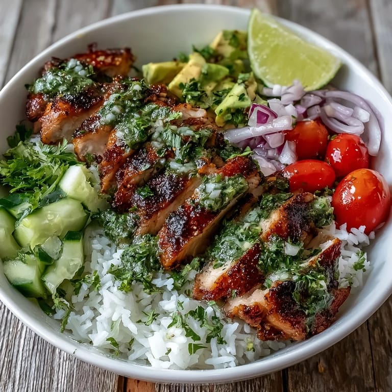 A close-up of a Chimichurri Chicken Bowl featuring juicy chicken, lime wedges, and a colorful mix of fresh herbs and veggies.