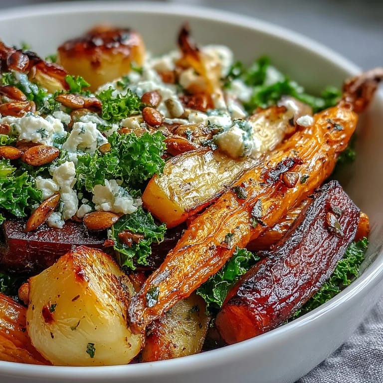 Warm, caramelized root vegetables and kale with tangy dressing in a cozy bowl.