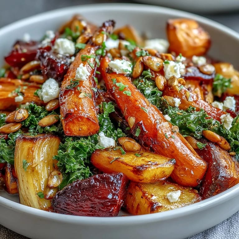 Assembled Winter Root Vegetable Bowl with colorful roasted veggies and warm tangy dressing.