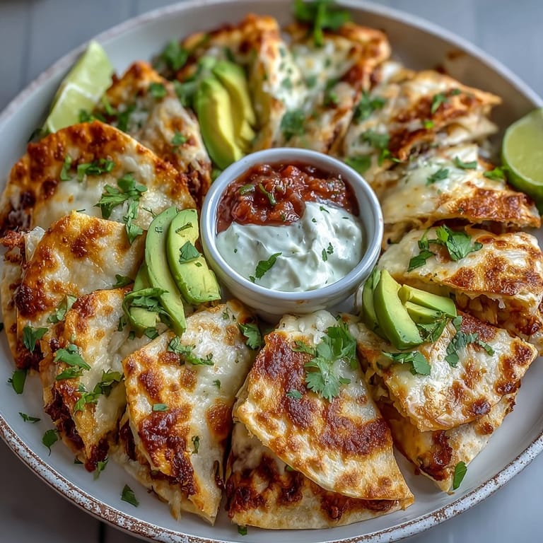 Vegetarian quesadilla ring appetizer with fresh cilantro garnish, served with salsa and sour cream in the center.