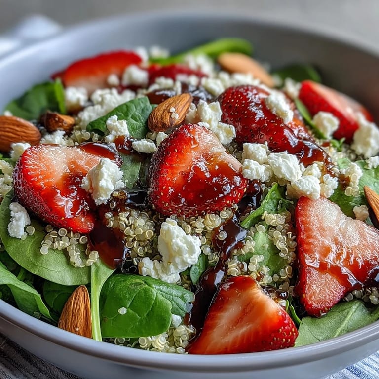 A vibrant strawberry feta quinoa salad featuring juicy strawberries, crumbled feta, and toasted almonds, drizzled with balsamic vinaigrette for a refreshing, healthy dish.