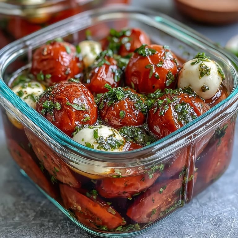 Portable Mason Jar Caprese Salad featuring juicy tomatoes, soft mozzarella balls, and fresh basil leaves, drizzled with olive oil and balsamic glaze.