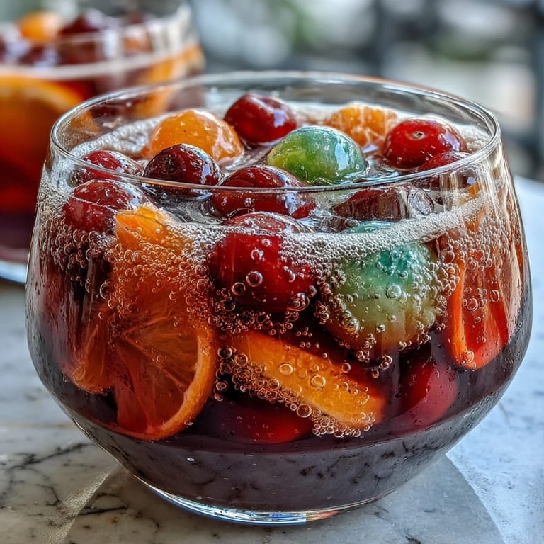 Easy sherbet punch with fresh fruit slices and cherries, served in a large party-ready bowl.