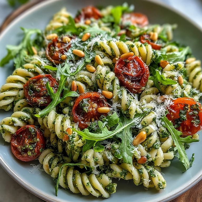 Colorful Summer Pasta Salad with Pesto and Cherry Tomatoes - tender pasta tossed with homemade pesto, arugula, and bright cherry tomatoes, perfect for warm-weather meals.
