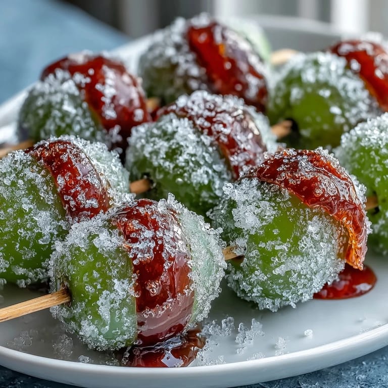 Zesty lime sugar dusted over juicy frozen grapes on wooden skewers, perfect for cooling off on a hot day.