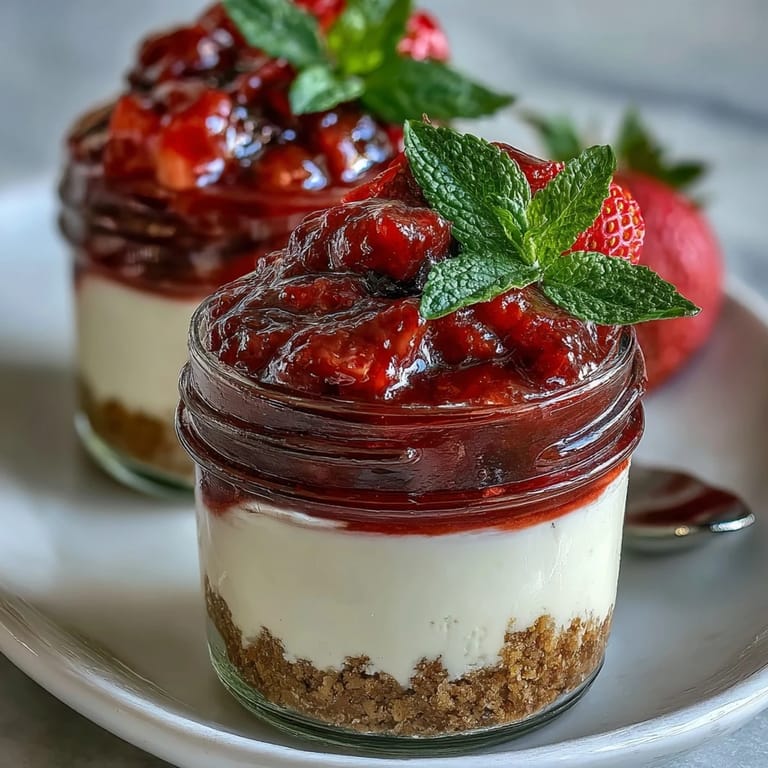 Individual No-Bake Strawberry Cheesecake Jars layered with buttery graham cracker crust and vibrant berry topping.  