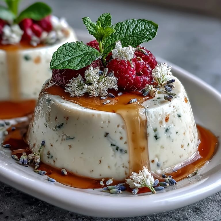 Fragrant lavender-infused panna cotta, smooth and creamy, garnished with edible flowers and a honey drizzle.