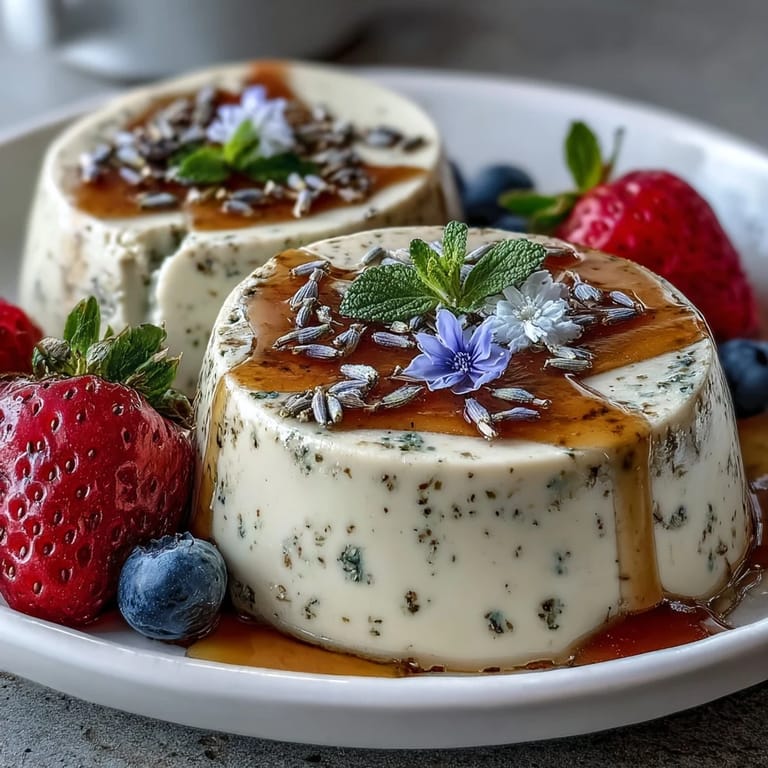 Elegant honey lavender panna cotta served in ramekins, topped with blueberries and delicate lavender buds.
