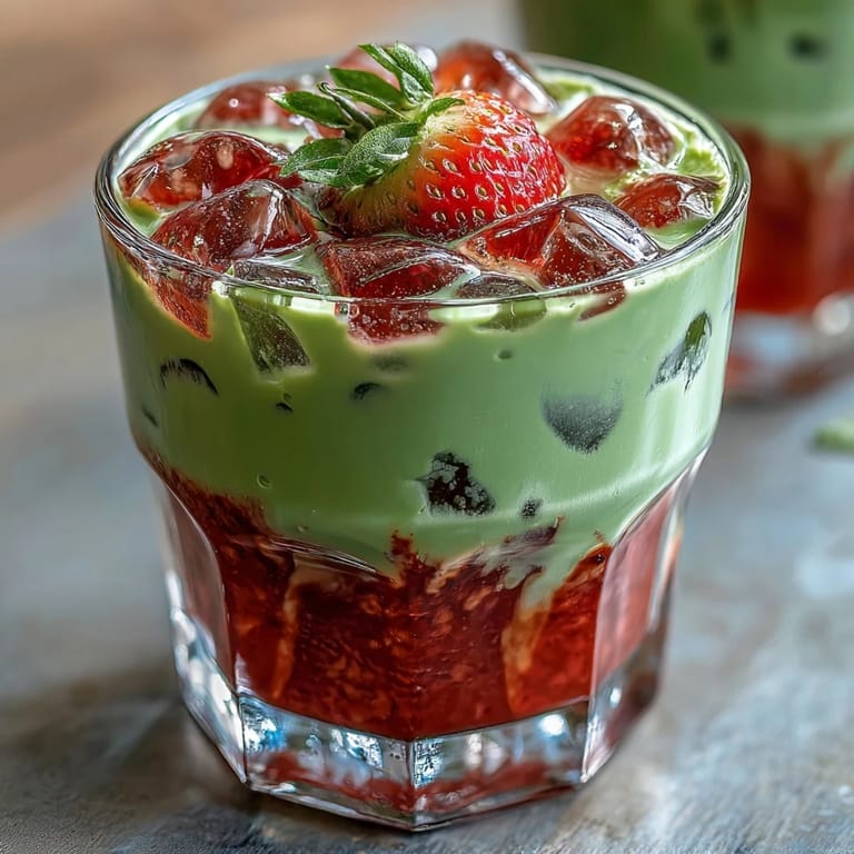 Vibrant strawberry matcha latte featuring chilled oat milk, fresh strawberry puree, and frothy matcha for a dairy-free treat.