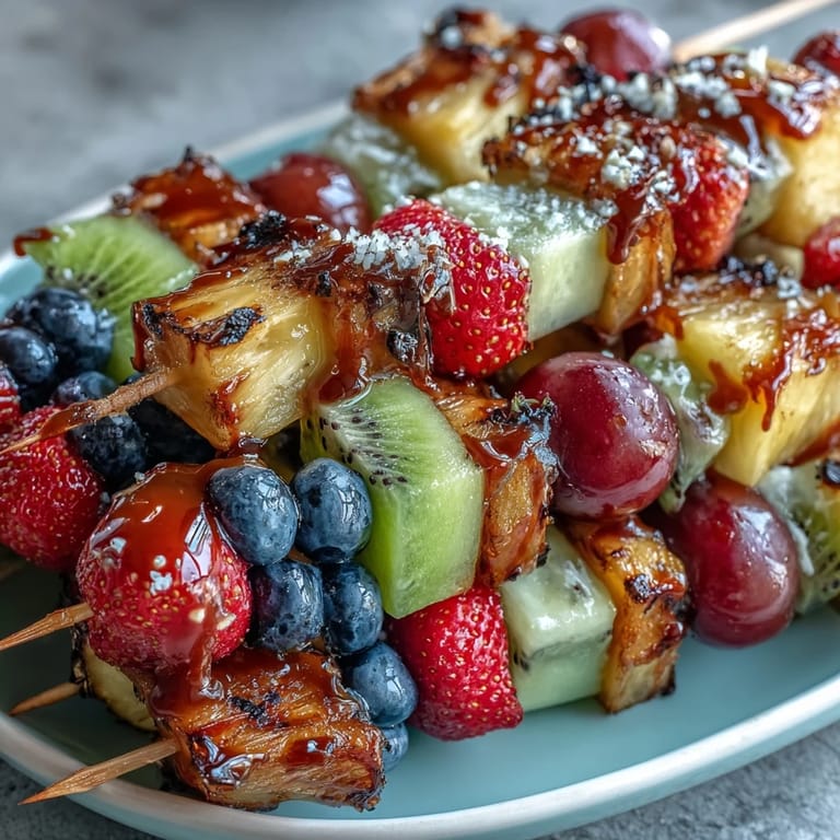 Vibrant fruit skewers arranged in rainbow order, paired with a luscious honey-lemon yogurt dip—perfect for healthy snacking or party platters.