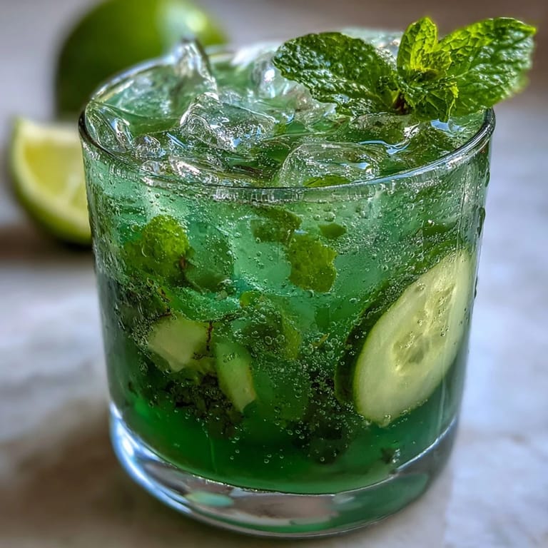 Vibrant green detox drink featuring blended cucumber, fresh mint, and lime, served chilled over ice cubes in a tall glass.
