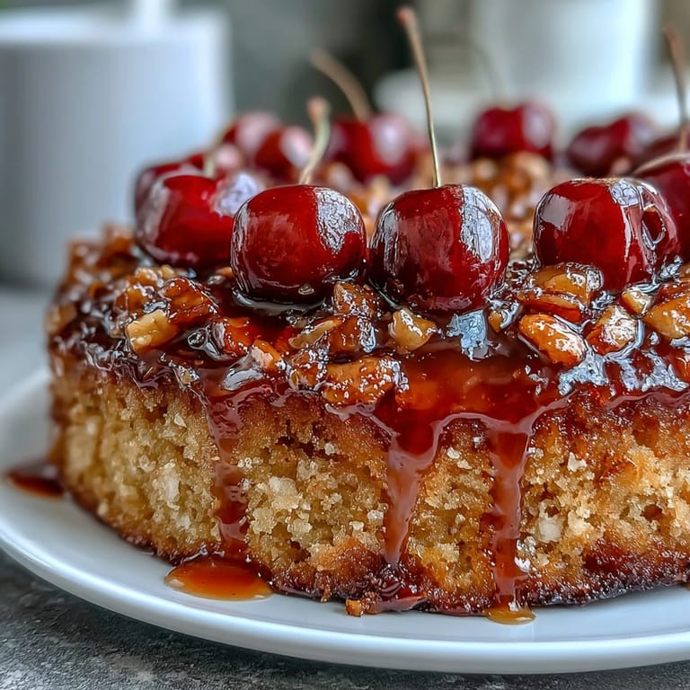 This moist cherry almond cake features a rich, buttery base topped with vibrant, juicy cherries and a hint of almond aroma.