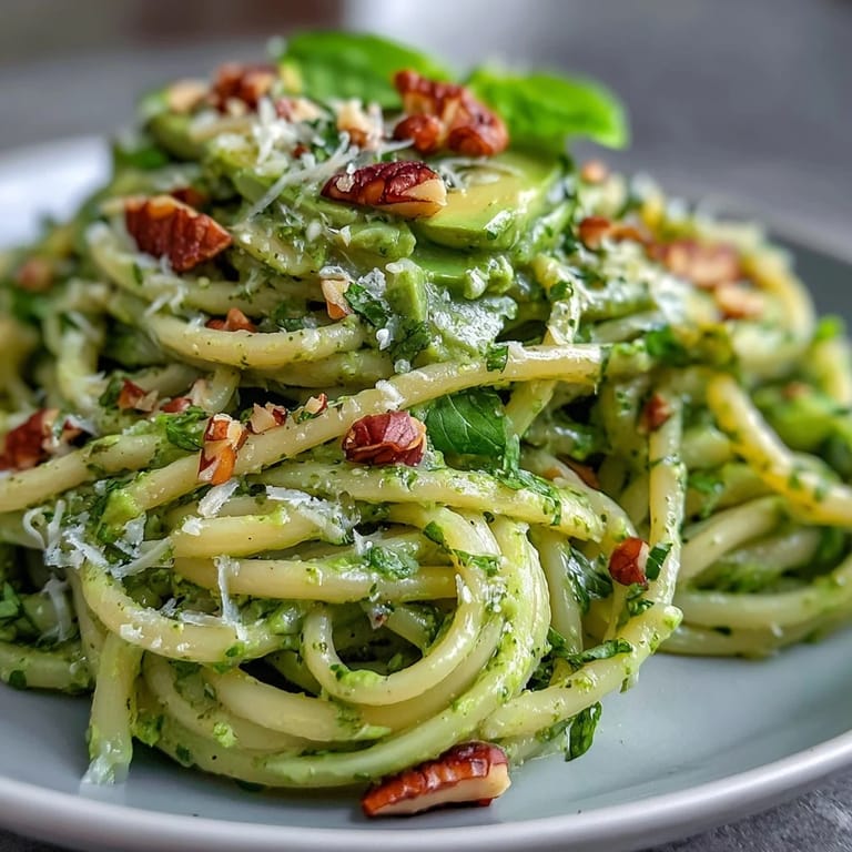 Vibrant green avocado basil pesto coats al dente pasta for a healthy vegetarian meal.  