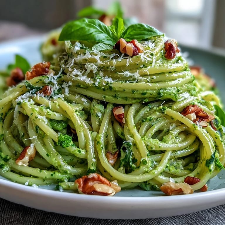 Quick and creamy avocado pesto pasta topped with Parmesan and fresh basil leaves.