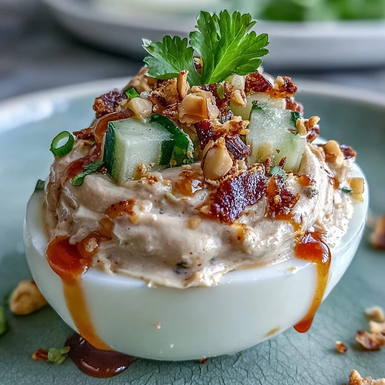 Creamy Thai peanut sauce blends with classic deviled eggs, garnished with zesty cucumber relish and cilantro for a flavorful, colorful appetizer.