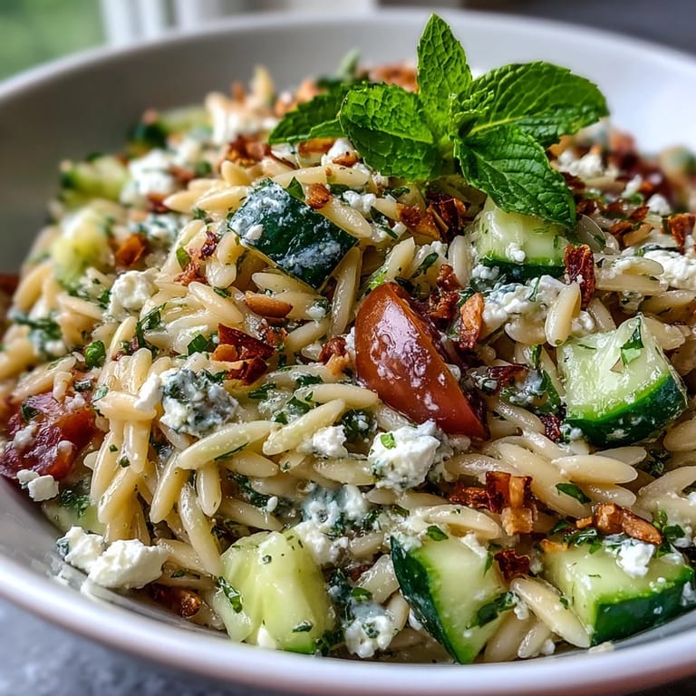 Creamy feta crumbles over tender orzo pasta tossed with crisp cucumber, cherry tomatoes, and zesty lemon-herb dressing.  