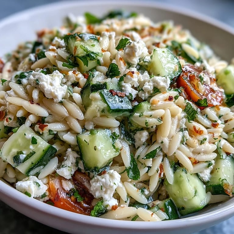 Refreshing Mediterranean orzo salad featuring bright lemon dressing, cool cucumber, and rich feta cheese for a light summer meal.