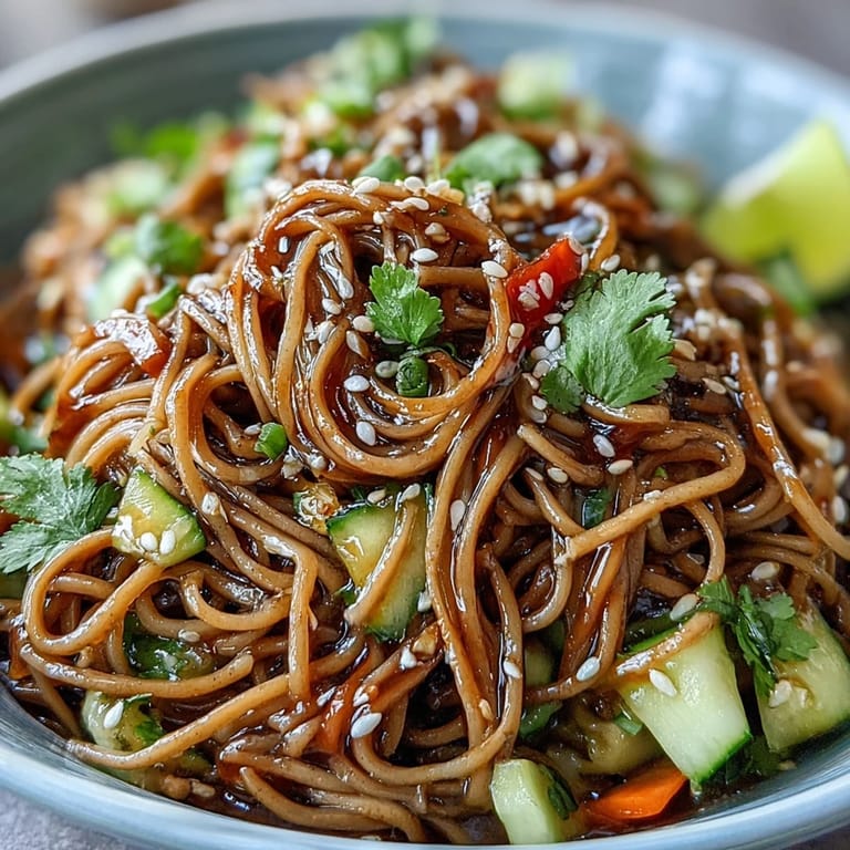 Chilled soba noodles tossed with colorful vegetables and a creamy sesame ginger dressing, garnished with fresh cilantro and sesame seeds.  