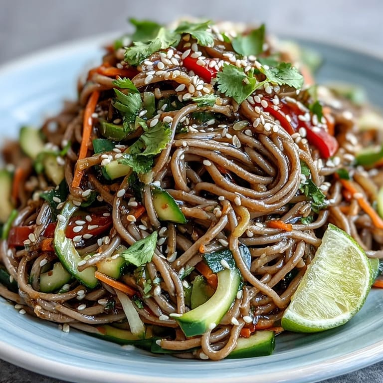 Refreshing cold soba noodle salad featuring crunchy vegetables, a zesty sesame ginger dressing, and a sprinkle of toasted sesame seeds for extra flavor.