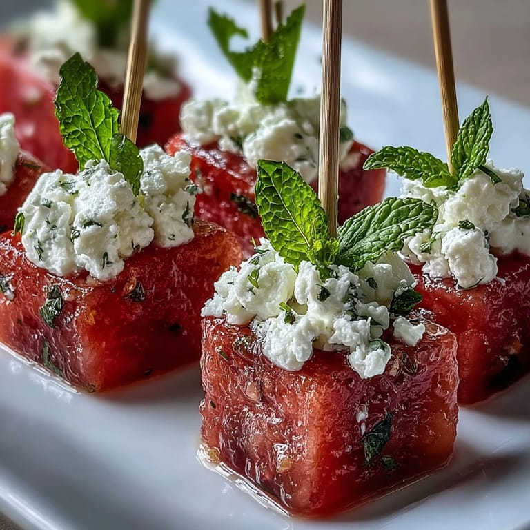 Bite-sized watermelon feta skewers topped with mint, ideal for parties.