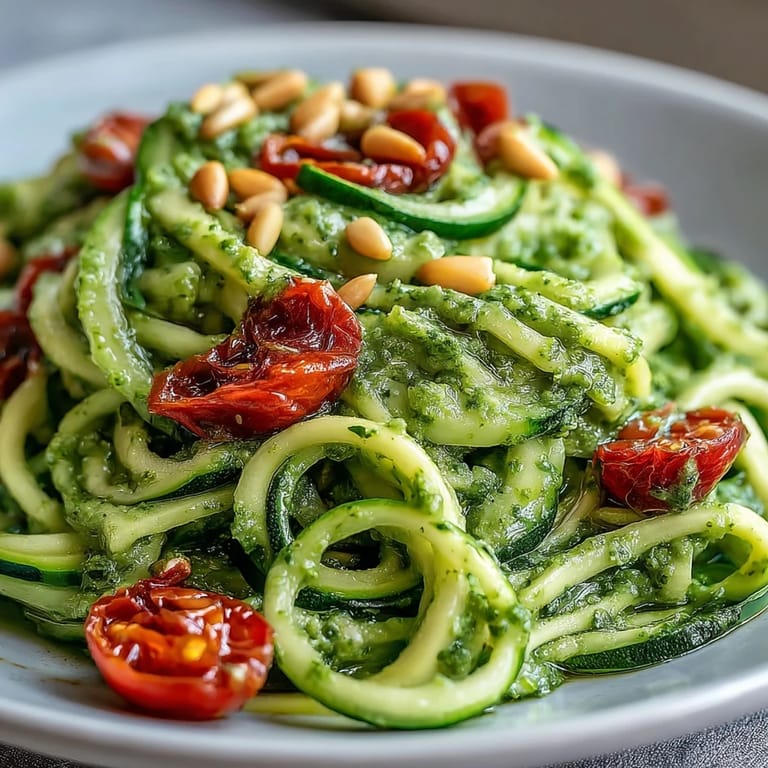 Creamy Avocado Pesto generously coating tender Zucchini Noodles, ready to enjoy.