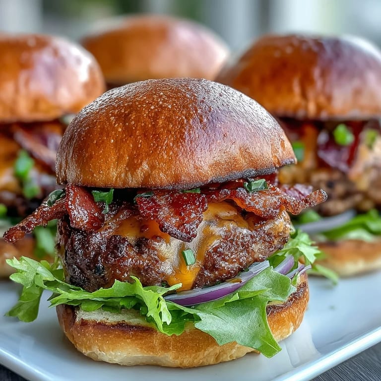 Melted cheese and crispy bacon top these easy sliders, ready for grilling.