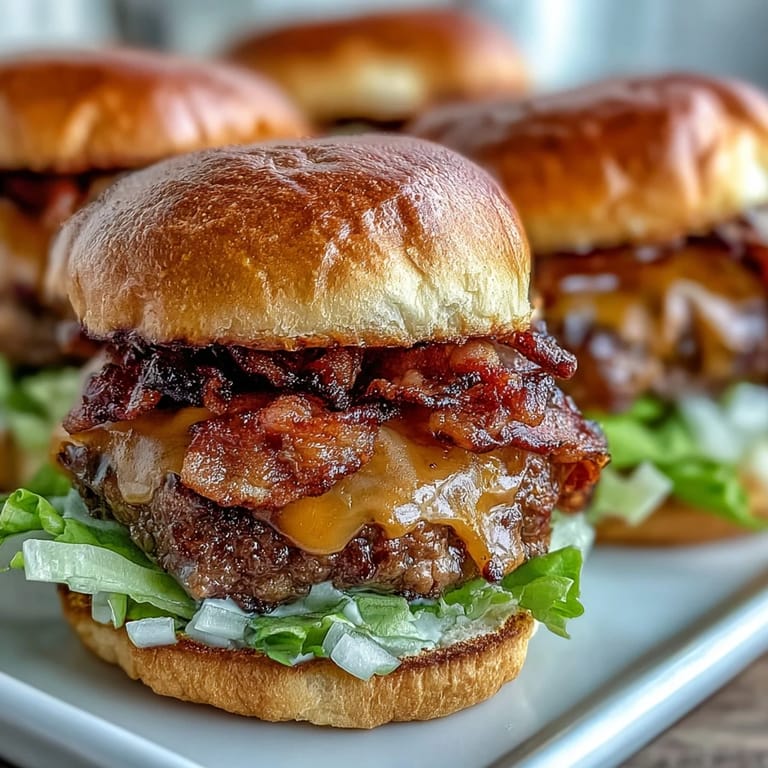 Golden toasted buns cradle delicious Father's Day grilled bacon burger sliders.