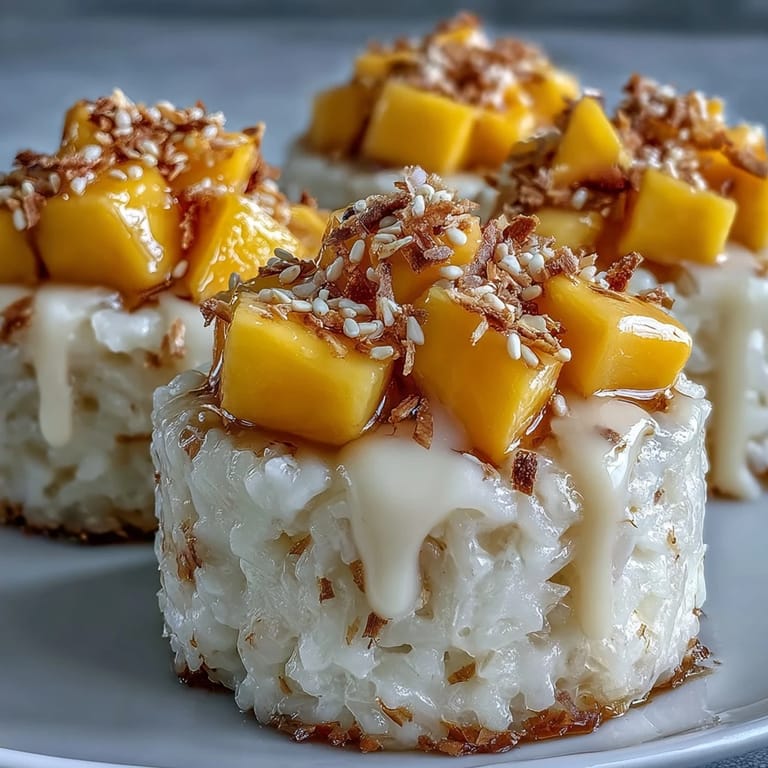Fresh mango and sticky rice topped with coconut milk in individual cups.
