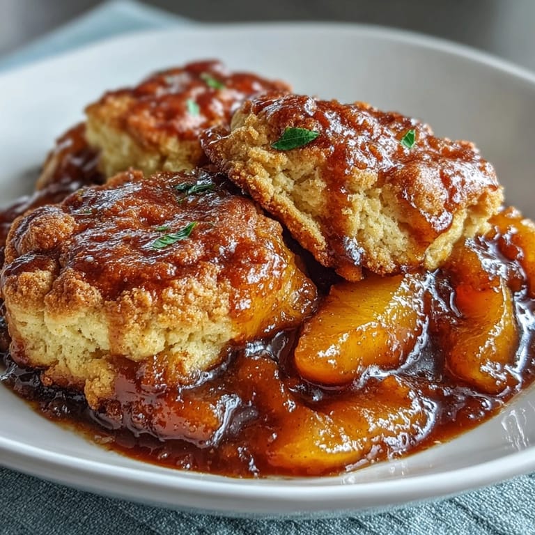 Juicy baked peaches crowned with tender, buttery biscuit slices, perfect served warm.
