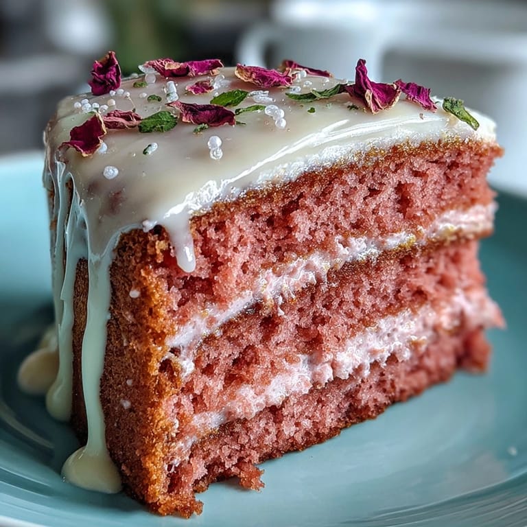 A stunning rosé velvet cake, ready for a festive occasion spread.