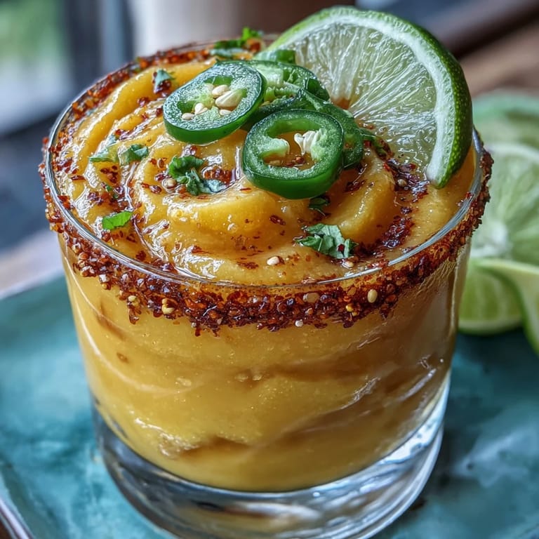 Enjoy this bright, icy Fricy Spicy Mango Margarita Slushie with a beautiful chili-lime rim.