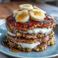 Golden-brown banana oat pancakes piled high, a delightful stack for breakfast.