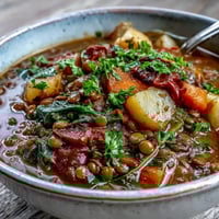 A hearty bowl of Vegetarian Lentil Stew featuring tender lentils, carrots, and spinach, topped with fresh parsley and served with lemon wedges.