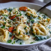 Creamy Easy Tortellini Soup With Chicken Broth steaming in a bowl, topped with fresh parsley and Parmesan.