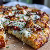 Golden-brown Marry Me Chicken Pizza topped with creamy chicken, sun-dried tomatoes, and fresh basil on a wooden board.