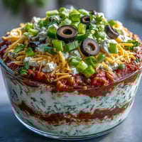 Creamy 4-Way Layered Dip in a glass dish, featuring vibrant layers of beans, salsa, cheese, and green onions with tortilla chips.