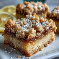 Golden crumb-topped Homemade Lemon Crumb Bars reveal a bright yellow citrus layer on a rustic wooden table.