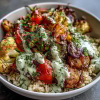 Vibrant roasted peppers, broccoli, and cauliflower rest on fluffy brown rice in a Rainbow Roasted Vegetable Bowl, topped with fresh herb sauce.