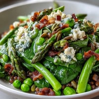 Spring Green Bowl served warm with quinoa, blanched asparagus, green beans, peas, and spinach, drizzled with lemon dressing.