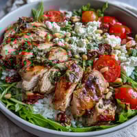 Juicy chicken marinated with sun-dried tomatoes and herbs, served over fluffy white rice with fresh salad greens in a bowl.