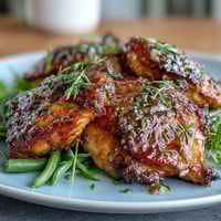 Honey Mustard Chicken with Green Beans served on a rustic plate, juicy glazed chicken paired with crisp-tender green beans and a drizzle of tangy honey mustard sauce.  